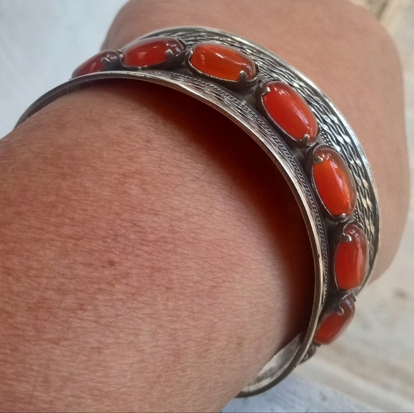 Sterling Silver Carnelian Wide Statement Cuff Bracelet - Picture 12 of 12